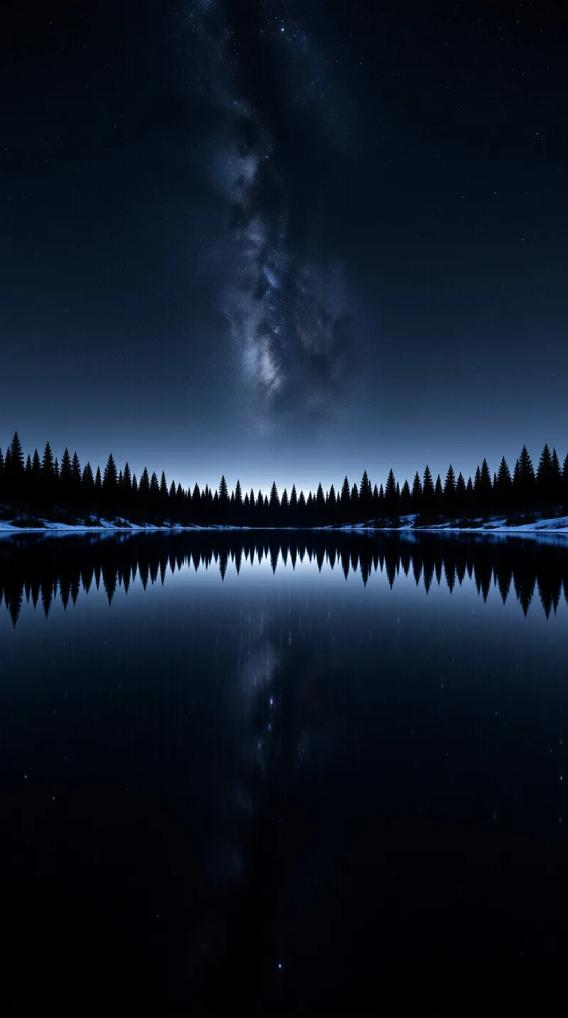 The star lit core of the galaxy hangs above dark pine silhouettes and doubles in the mirror black water below