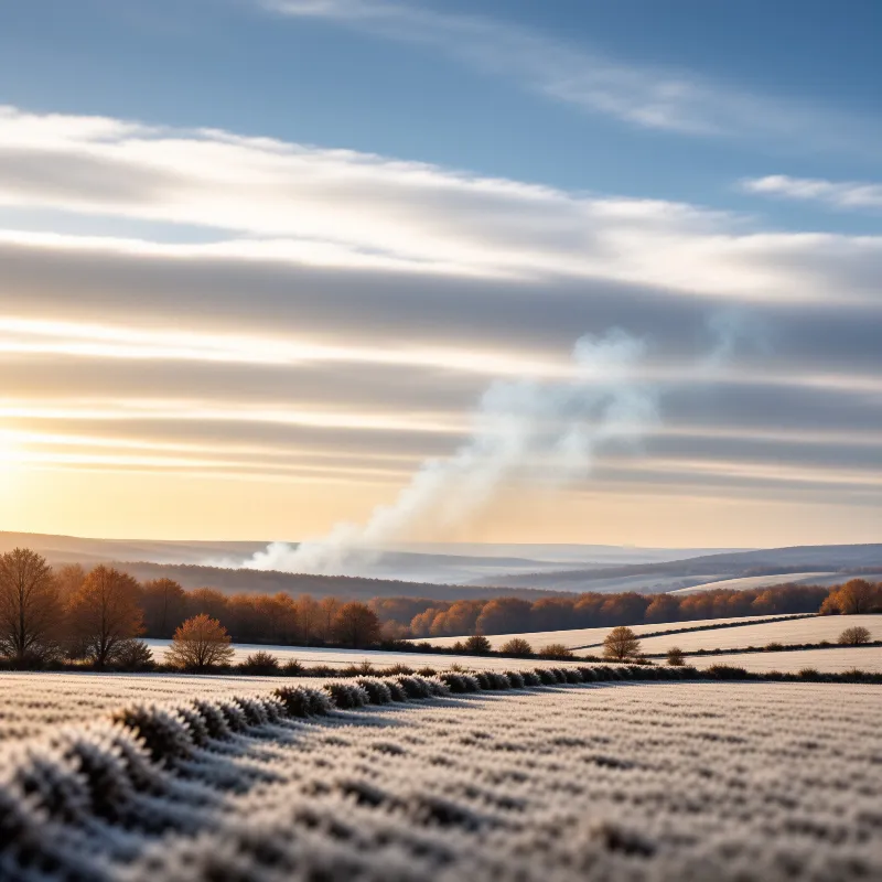 Winter fields with frost-covered rows lead toward orange trees and hills where smoke rises into a cloudy sky.