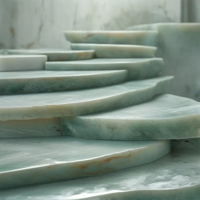 A stack of polished pale blue green stone slabs showing natural mineral veins.
