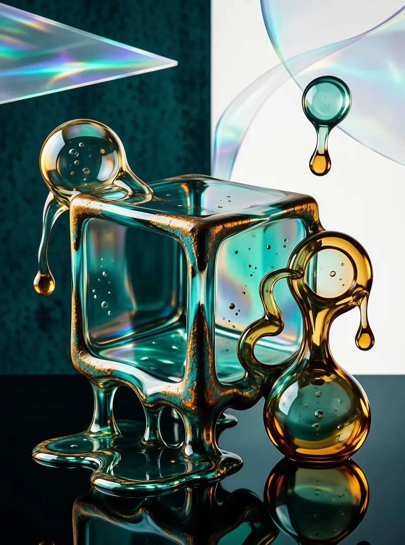 A translucent jade cube melts into golden syrupy droplets, with bubbles catching light on a glossy black surface.