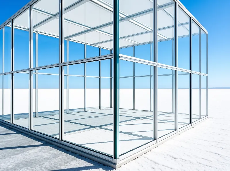 A minimalist glass building featuring silver frames rests on a bright white salt flat under a cloudless blue sky.