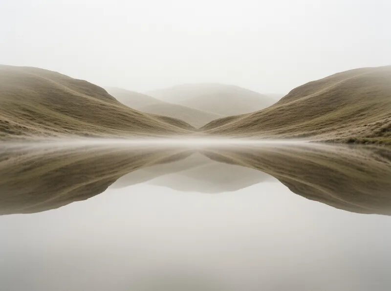 A symmetrical view of grassy hills covered in low fog reflected perfectly in a still lake under soft overcast light.