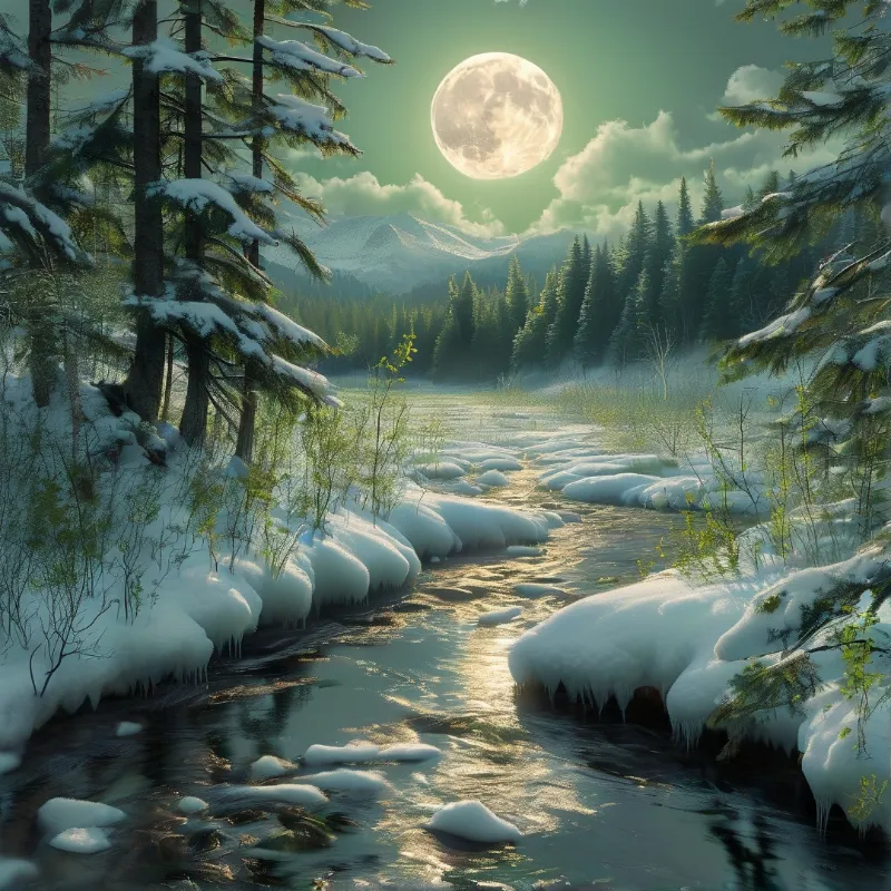A half-melted stream winds through a snow-dusted conifer forest, reflecting the warm glow of a large full moon above hills.
