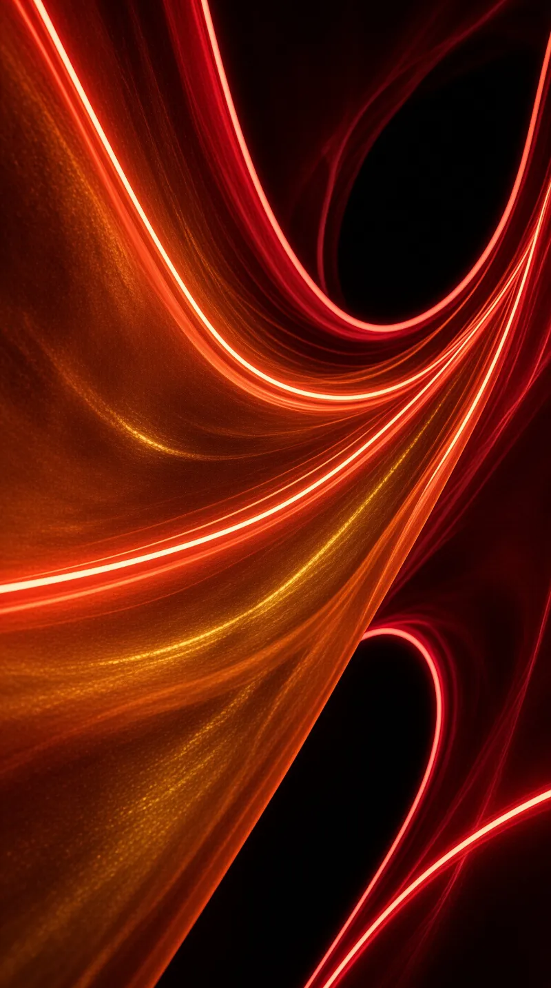 Glowing red and amber streaks curve across a dark field like ribbons of molten light.