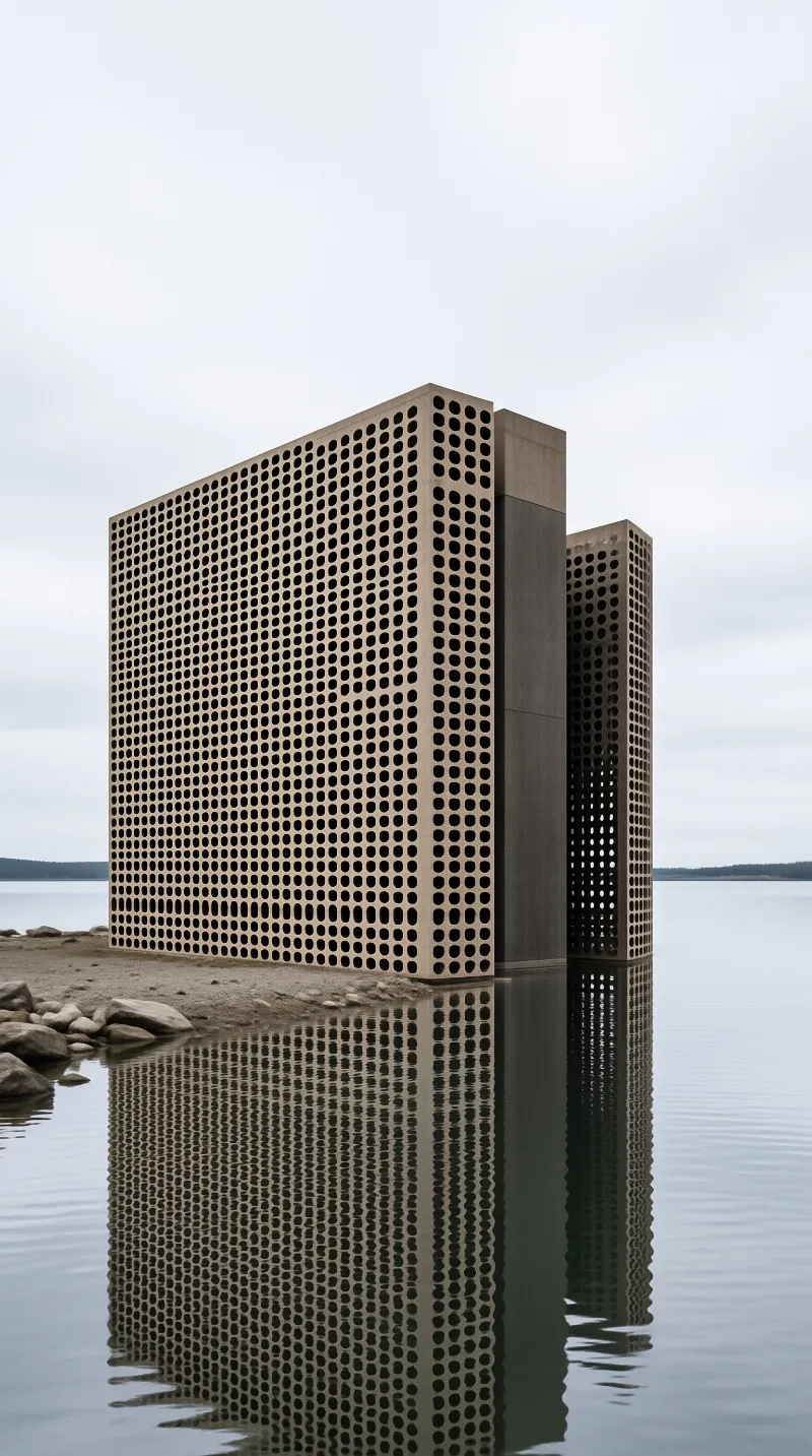 Three tall vertical panels with perforated surfaces stand near a rocky shoreline where they cast long dark reflections onto the still gray surface of the water.