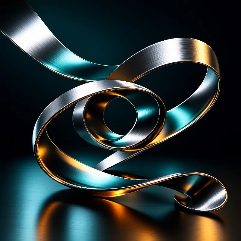 Spiraling brushed metal ribbon reflecting cyan and gold tones on a dark reflective floor surface.