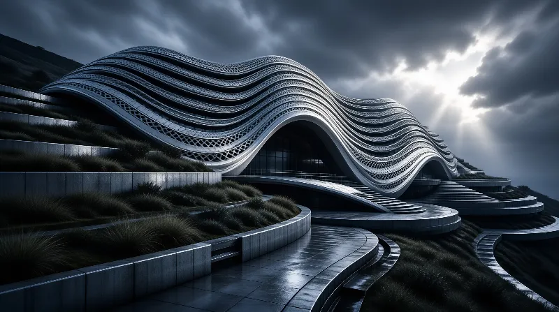 A sinuous white building with perforated ribbons rises above terraced grass under a dark breaking storm