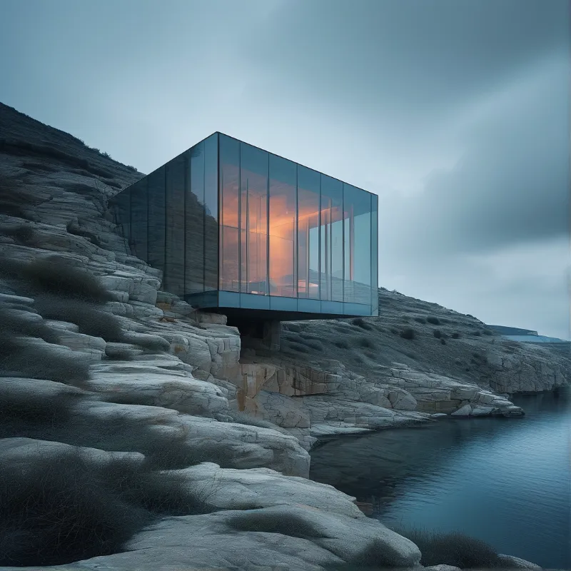 Transparent building glows warm orange light resting on jagged stone beside calm blue water under cloudy sky