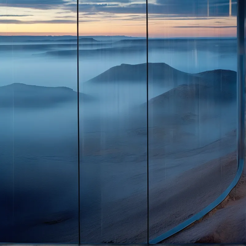 View of arid mountains covered in low clouds visible behind large transparent window sections during twilight hours