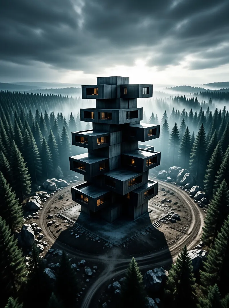 Surreal Tower in Misty Forest