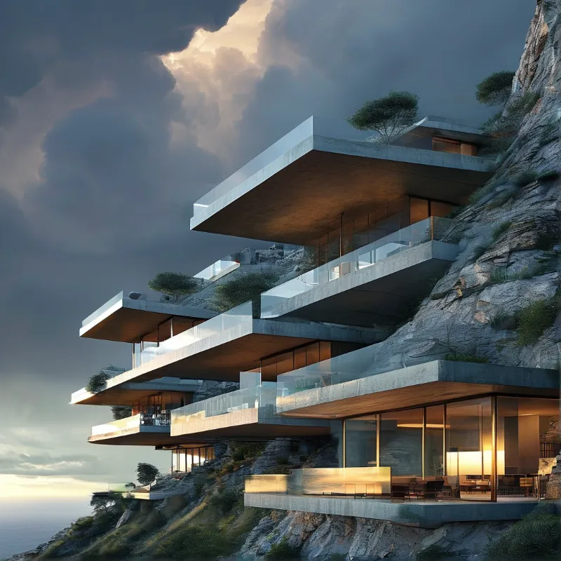 A multi-level modern house with glass walls is built into a steep rocky cliff, glowing warmly under a dramatic sky.