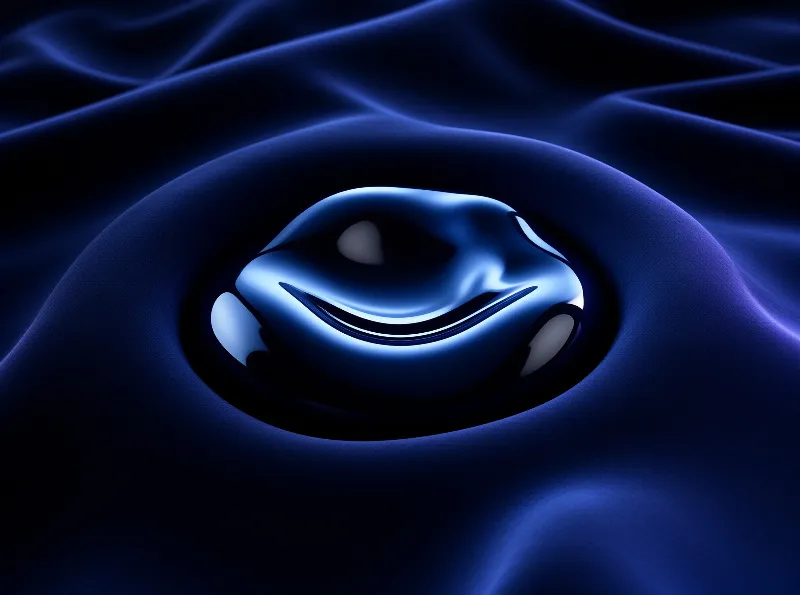 A glossy object emerges from a depression in rippled navy material catching strong light.