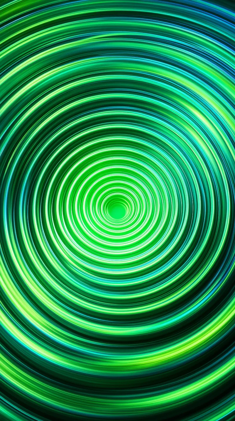 Concentric circles of bright green and blue light spiral inward to form a glowing tunnel vortex.