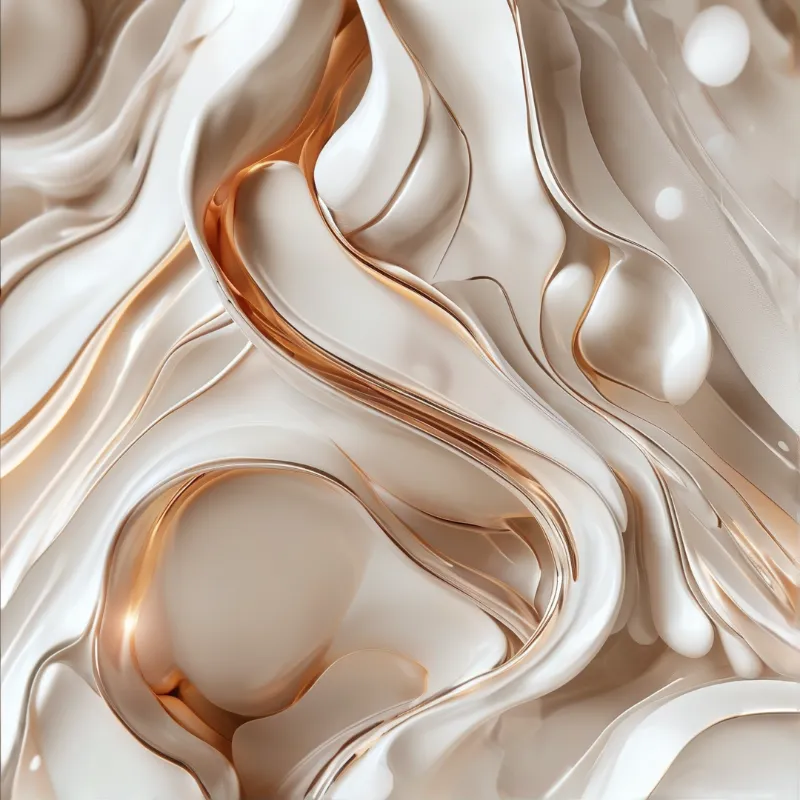 Glossy cream and gold liquid textures swirl organically across the frame creating soft curved highlights.
