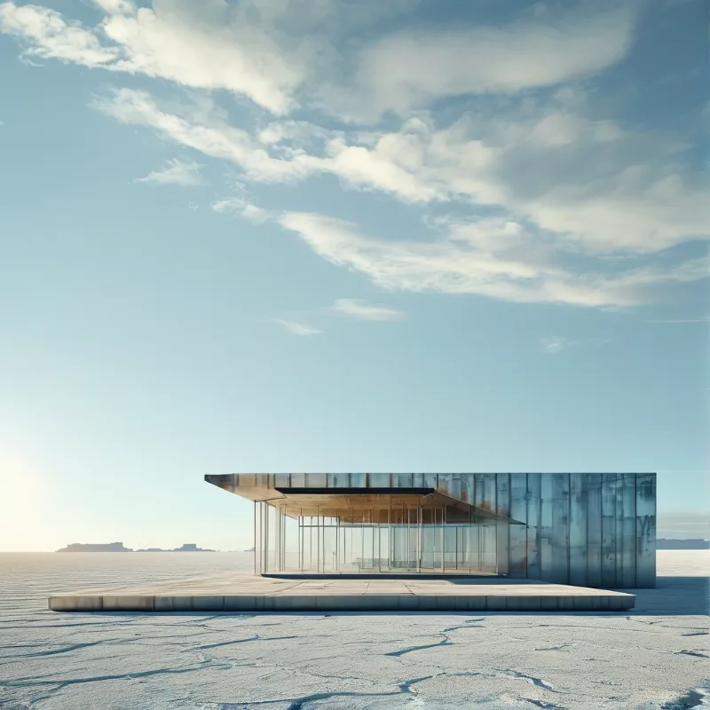 A minimalist building with a reflective metal roof and glass walls sits isolated on a vast, cracked white salt flat under a bright blue sky with wispy clouds.