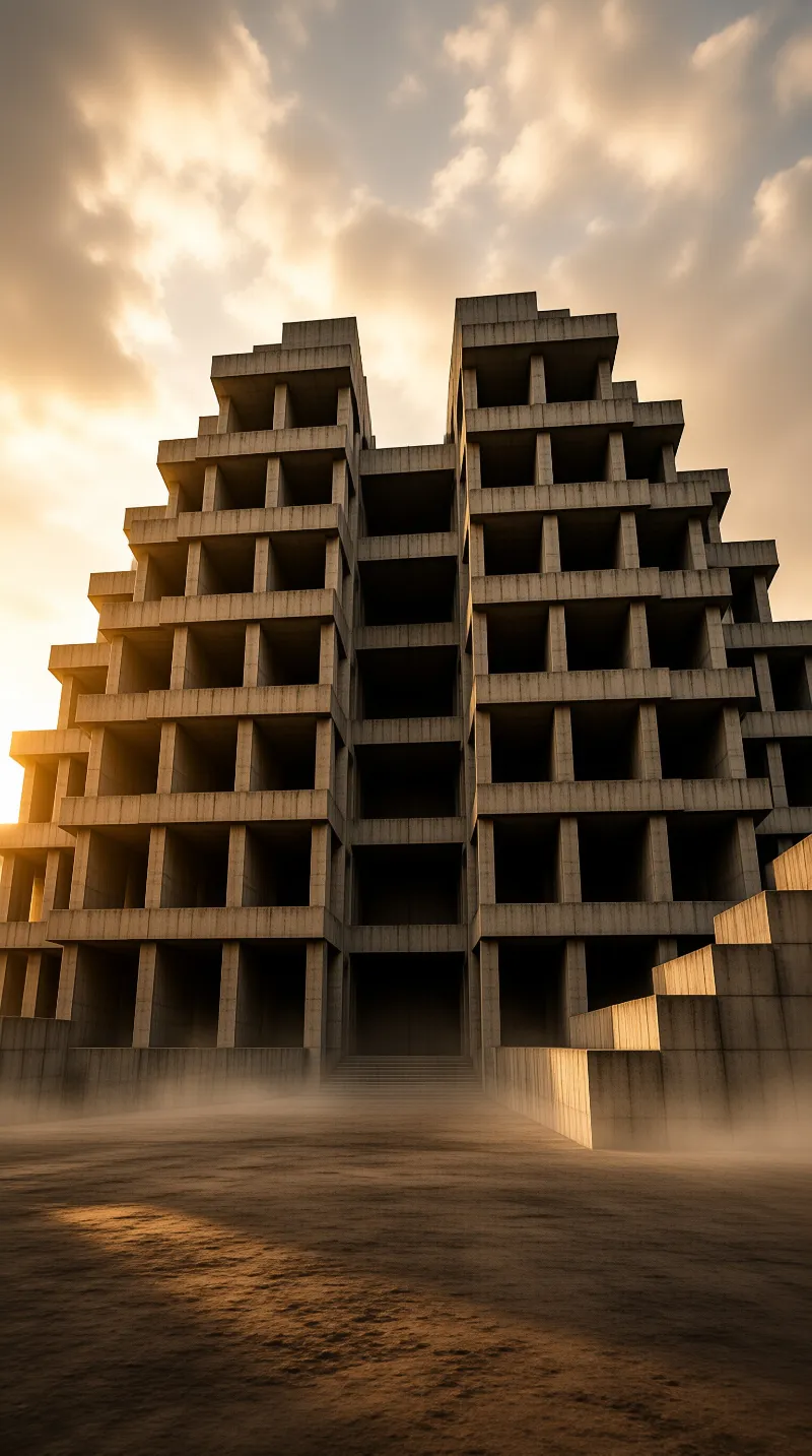 Massive unfinished concrete building with stepped floors stands against a cloudy sky in warm sunset light.