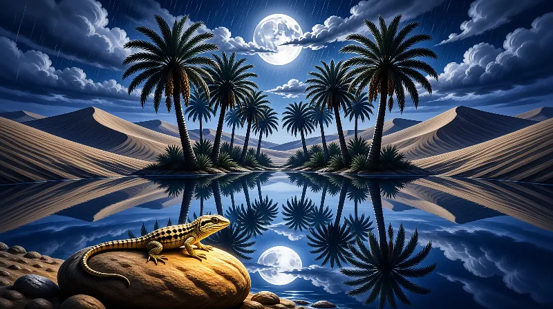 A small patterned lizard perches on a boulder before a still pool mirroring palm trees and a bright full moon.