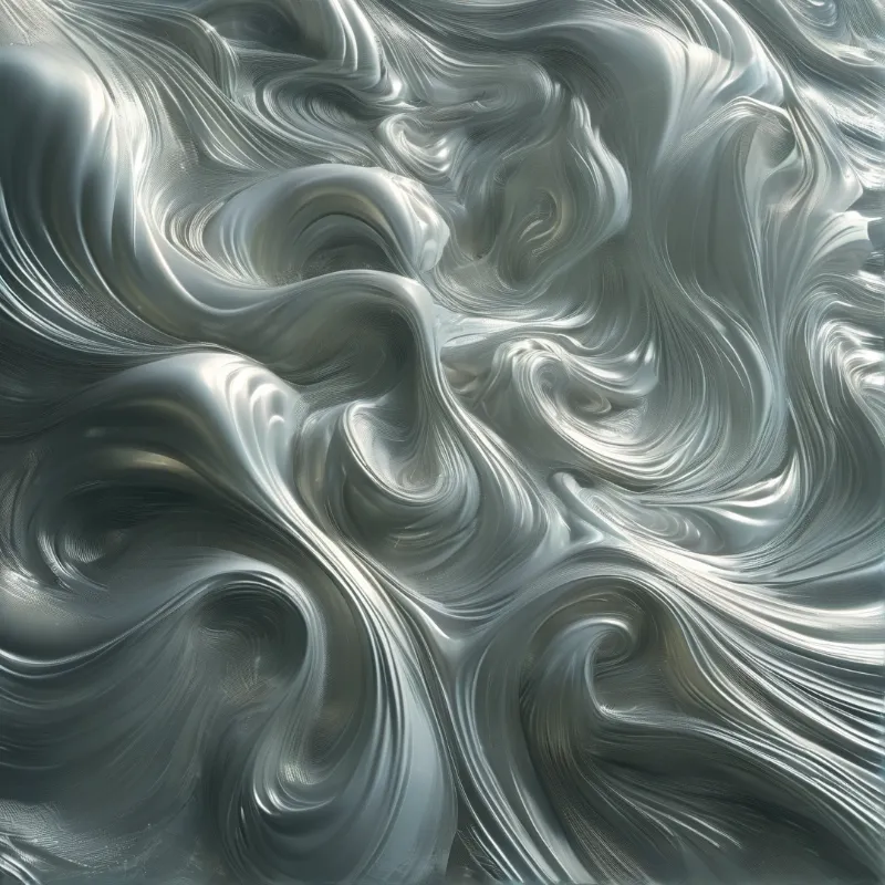 A close-up of swirling silver liquid with metallic sheen and flowing patterns.