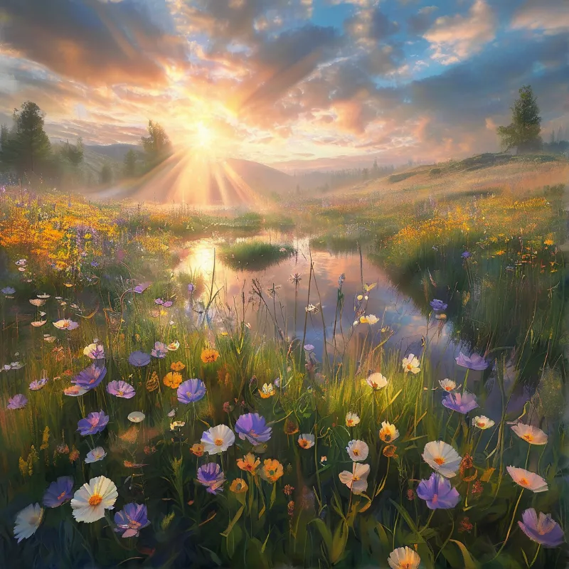 Purple and white blooms surround a small pond mirroring bright rays of a setting sun over rolling hills.