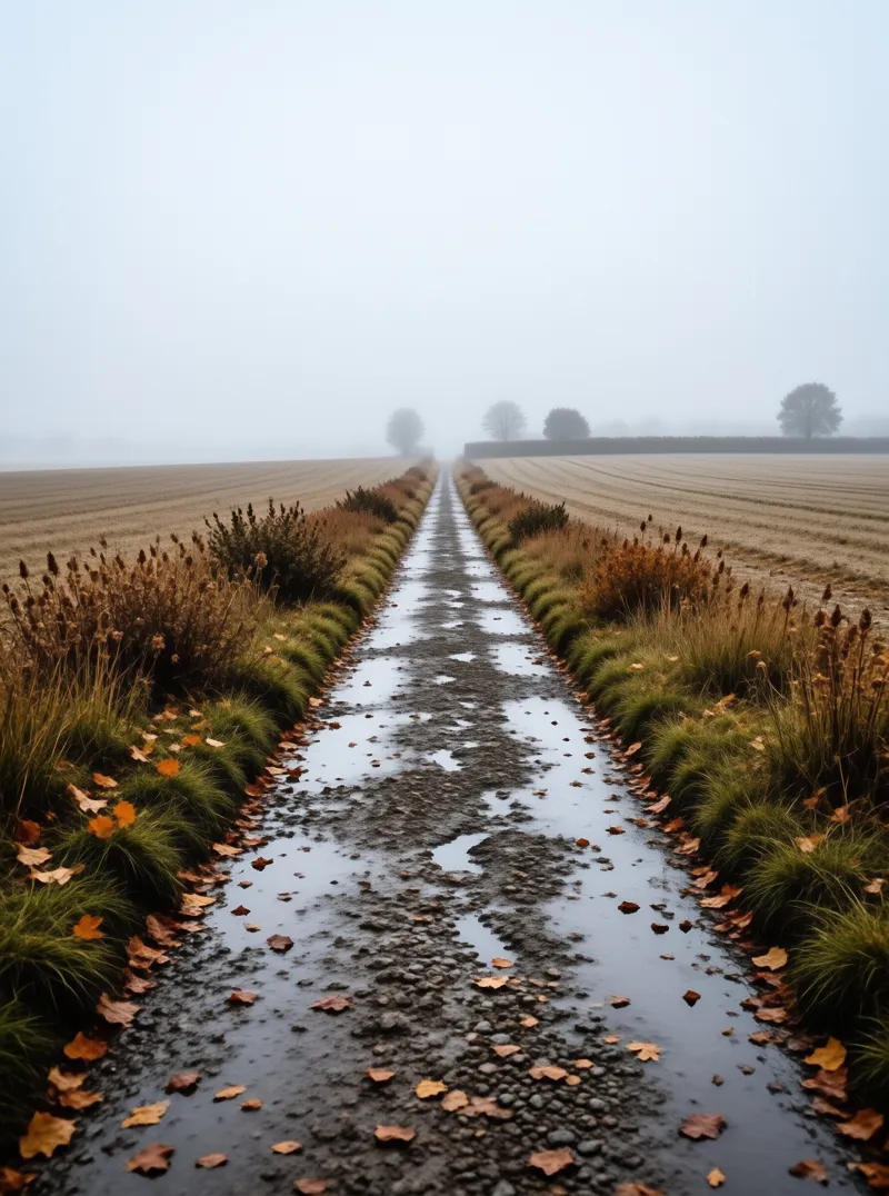 A straight gravel path lined with wet grass and fallen leaves fades into fog over open fields.