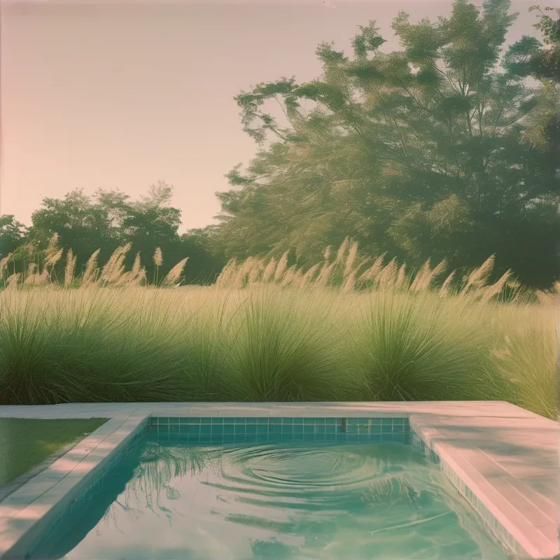 A calm turquoise pool reflects the dawn sky behind tall grasses with cream feather plumes.