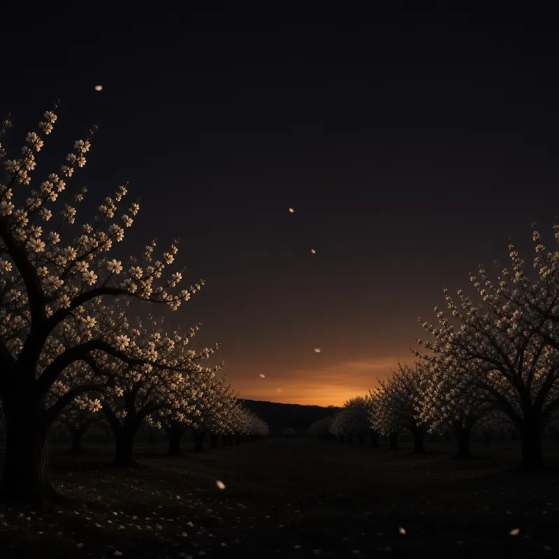 Rows of white flowering trees recede toward a glowing amber sunset beneath a dark night sky with drifting petals.