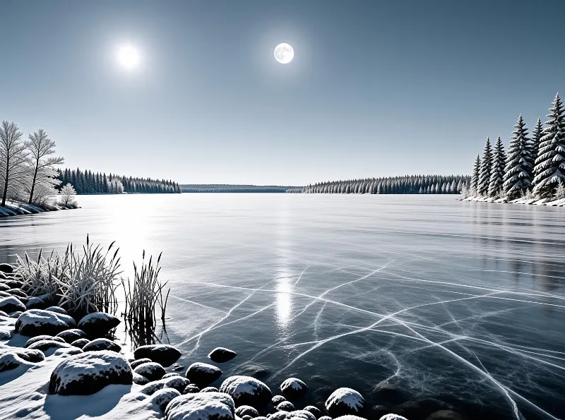 A wide frozen lake with cracked ice reflects sunlight while snow-covered pines line the distant shore under a clear sky.
