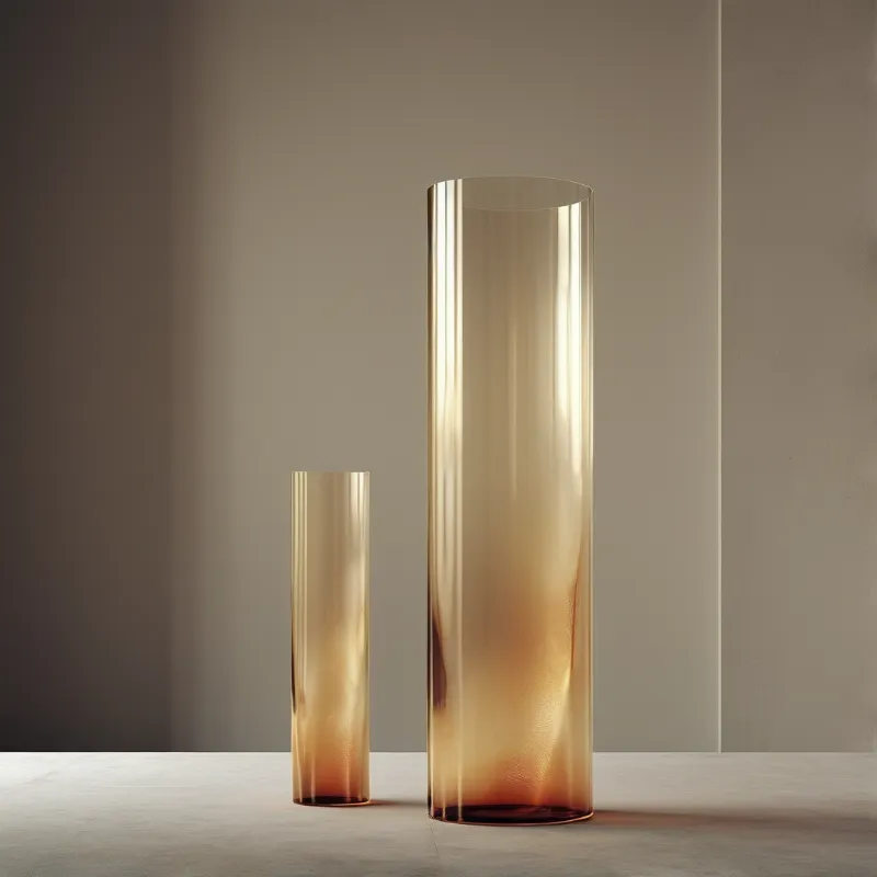 Two translucent amber glass cylinders of varying heights stand against a plain neutral wall under soft lighting.