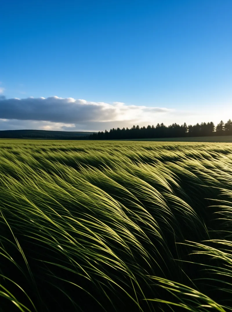 Green grass waves in the breeze towards a dark treeline beneath a bright sky with long clouds.