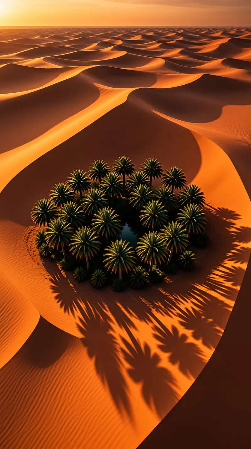 A cluster of green palm trees stands within rolling orange sand dunes, casting long distinct shadows across the desert landscape.