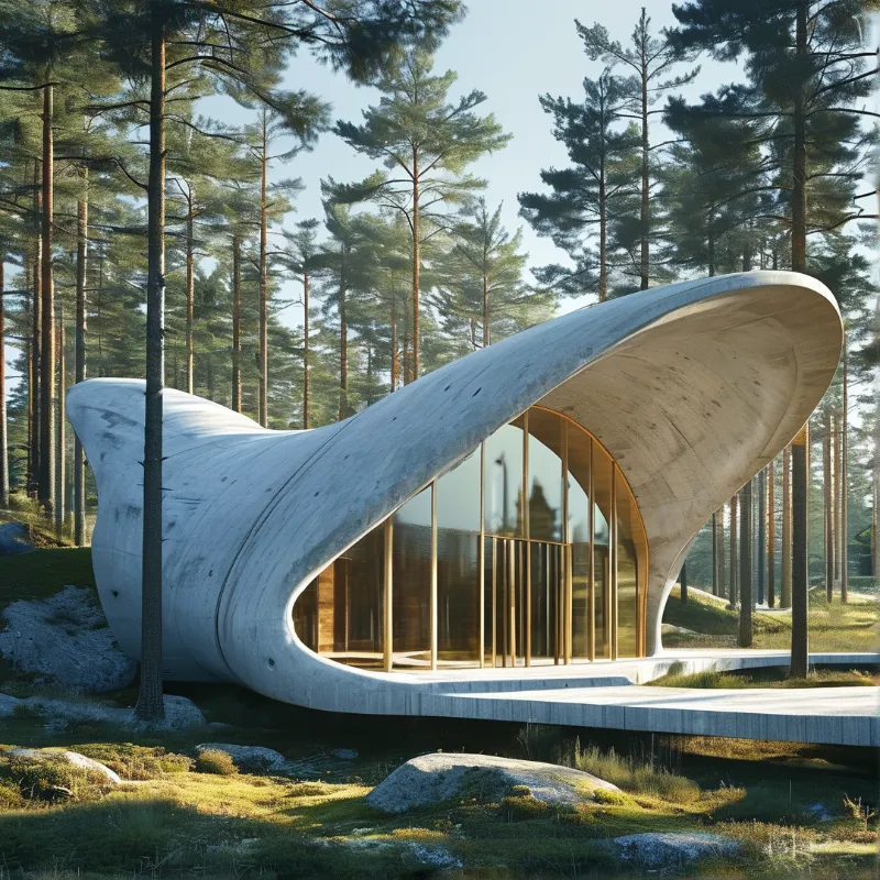 A fluid white concrete structure with expansive glass windows stands within a sunlit pine forest.