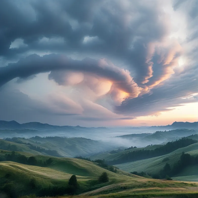 Misty Valley Under Stormy Sky
