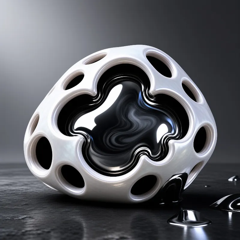 A white porous sphere sits on a dark textured surface while a shiny black liquid oozes out of its central cavity and pools on the ground below creating high contrast reflections.