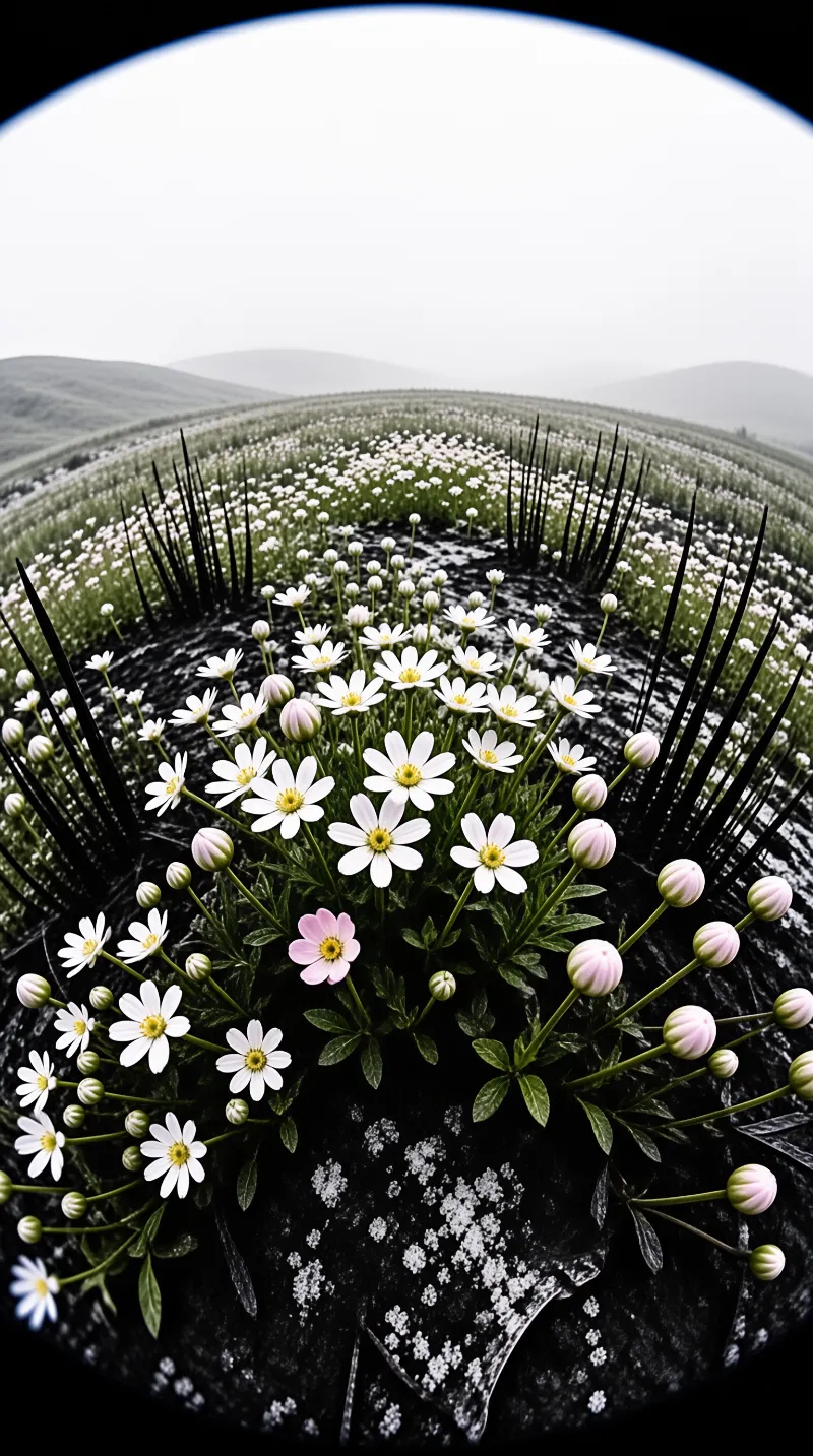 White daisies bloom within a circular enclosure of jagged spikes facing a vast pale sky and distant hills.