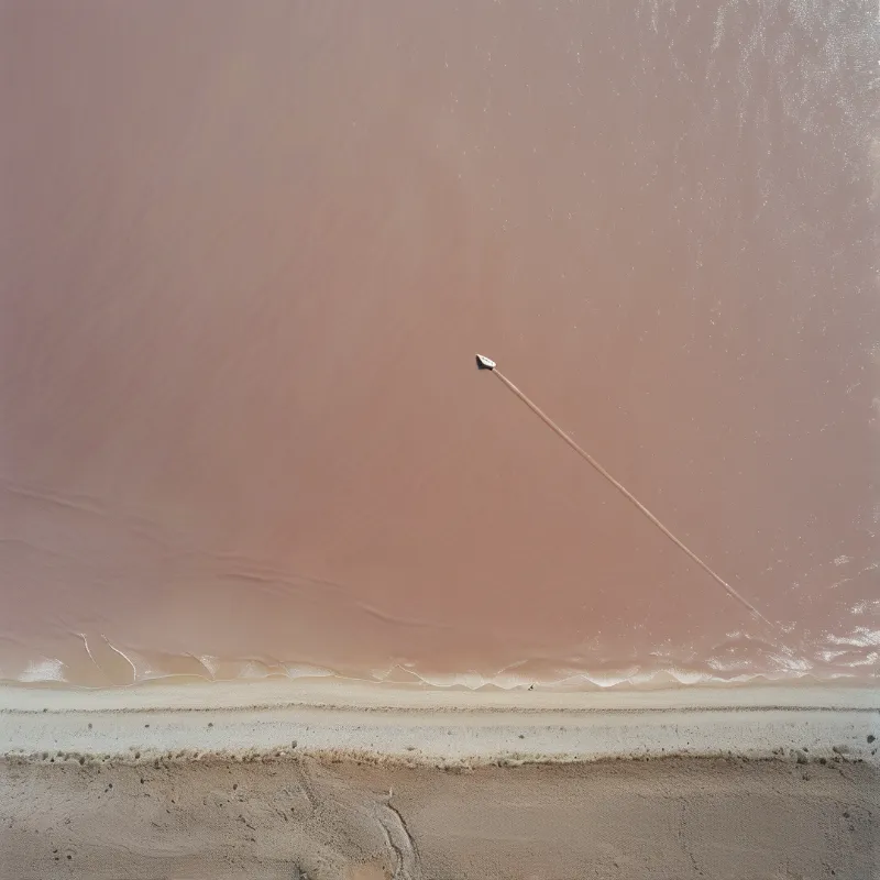 A solitary dark object stands in shallow pink water, casting a long thin shadow across wet sand and beige shoreline.
