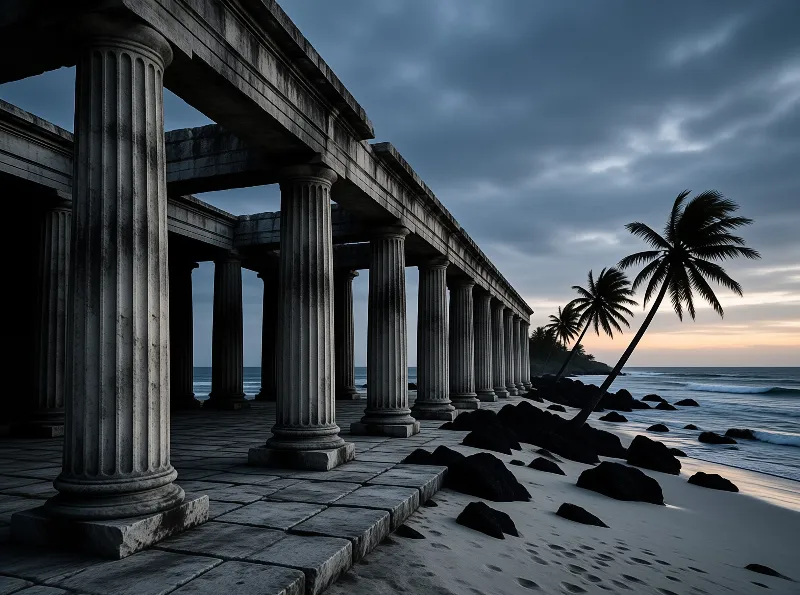 Weathered stone columns run along a sandy beach where palms lean over dark rocks at dusk.