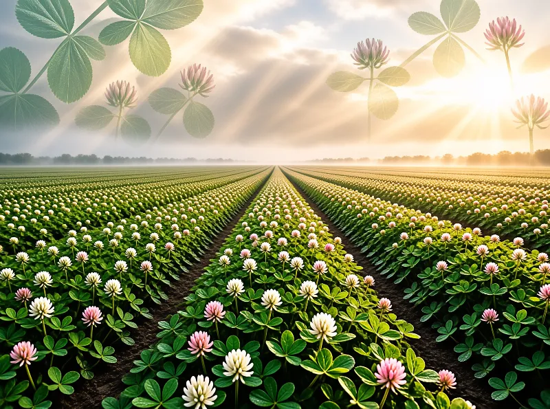 Rows of white and pink clovers stretch across a green field beneath dramatic sunbeams breaking through clouds.