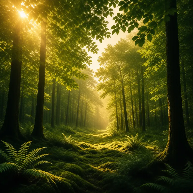 Sunlight streams through tall trees in a misty forest with mossy ground.