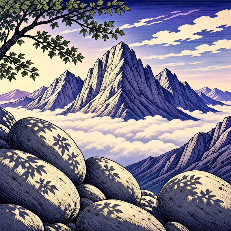 Illustrated landscape of large foreground boulders, snow capped mountains rising above a cloud sea, leafy branch framing the upper left.