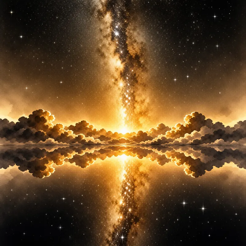Milky Way arches above cloud banks, mirrored in still water with warm amber stars scattered across the dark sky.