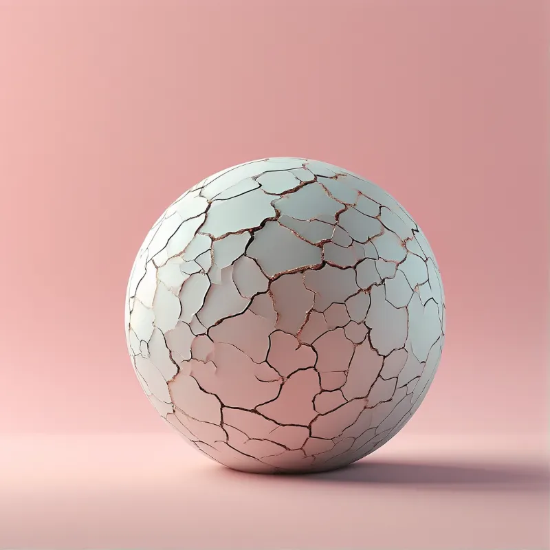 A pale light blue cracked ball rests on a matte pink surface, soft even illumination casts a gentle shadow below the object.