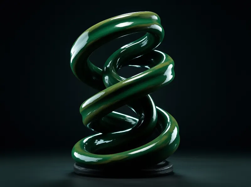 A twisted glossy green object coils in a continuous helix over a dark circular base against a black background reflecting bright white studio light across its curves.