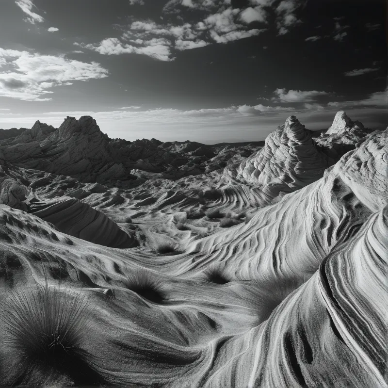 Monochromatic landscape displays wavy textured terrain rising towards jagged peaks beneath scattered clouds.