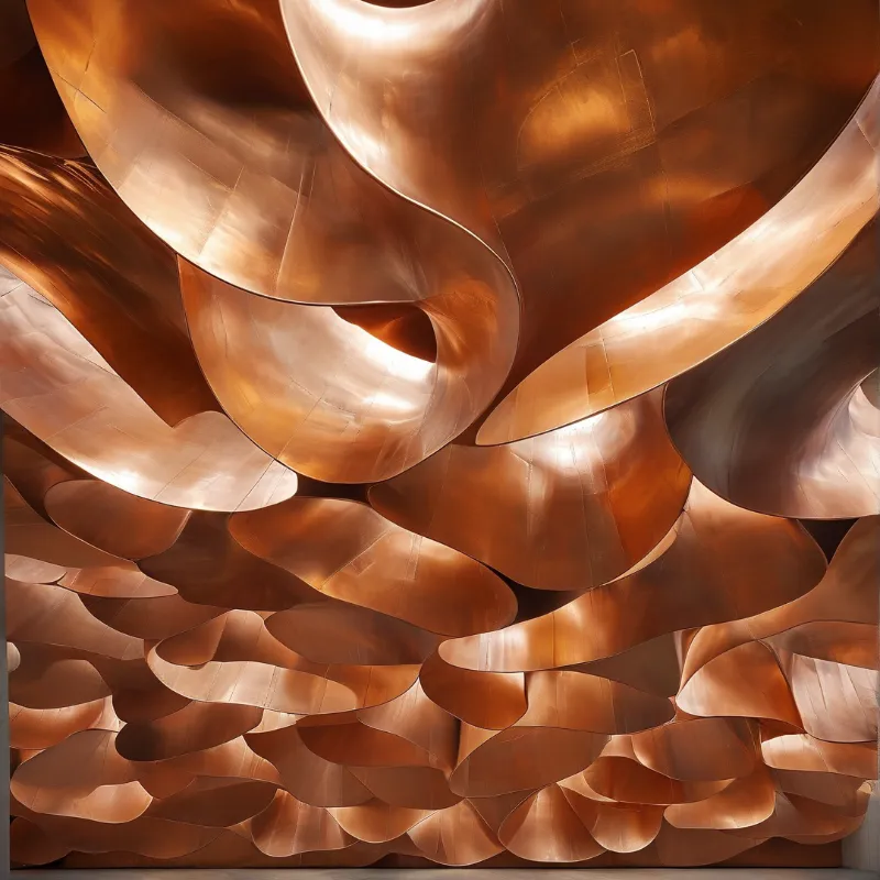 A large copper sculpture features undulating metal forms with reflective surfaces catching warm ambient light.