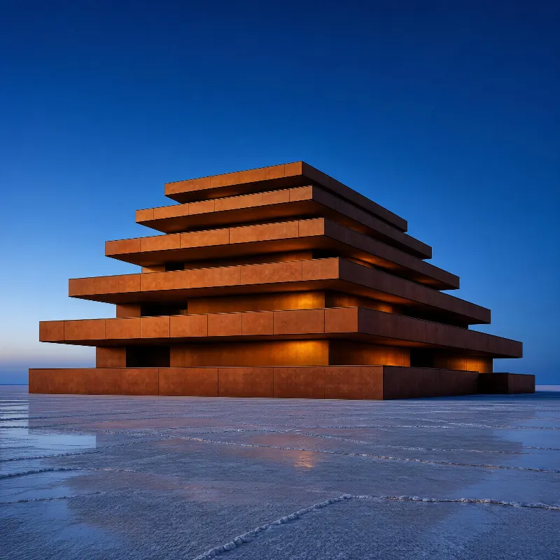 A modern building with layered, rust-colored panels stands on a salt flat under a deep blue sky during golden hour