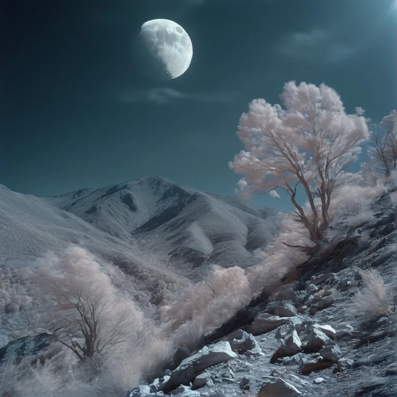 A pale full moon hangs over snow swept mountains and ghostly frosted trees at night