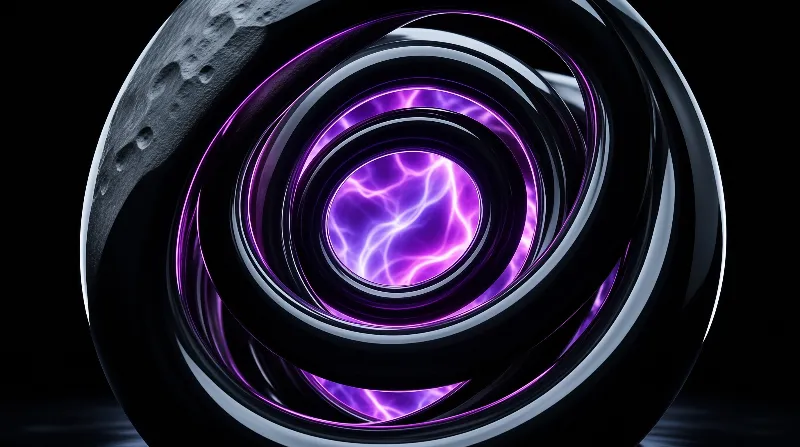 Concentric polished metal rings spiral inward around a glowing violet plasma center on a black ground