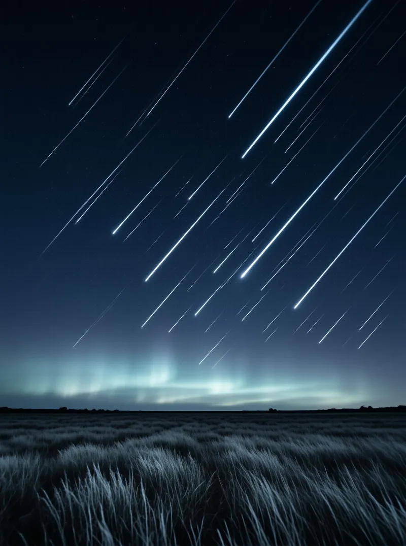 Diagonal meteor streaks illuminate a dark sky above green aurora light hovering over a field of tall grass.