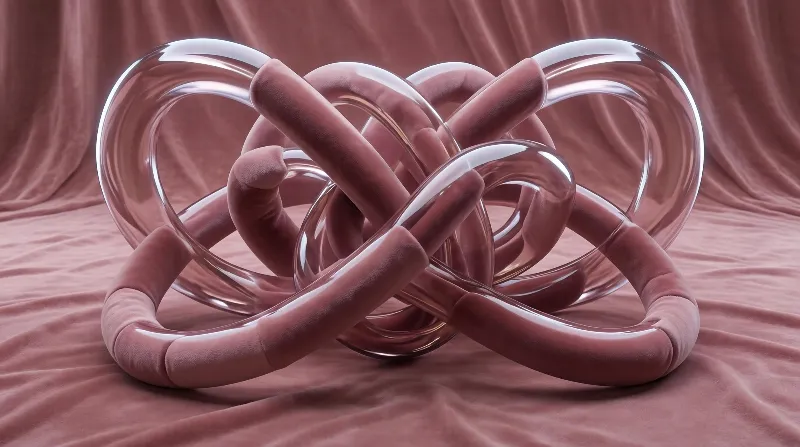 A complex intertwined glass and fabric knot sculpture resting on a soft pink velvet surface with reflective surfaces catching light