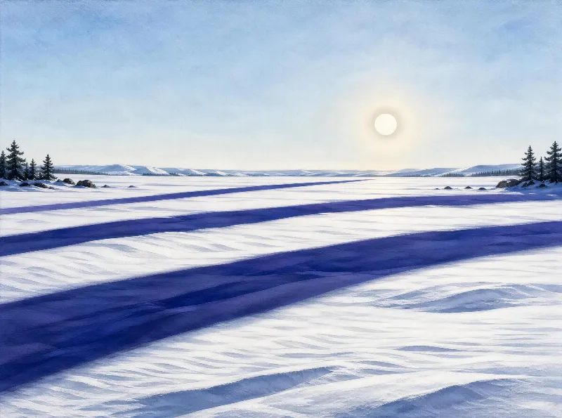 A wide winter snow landscape featuring deep blue shadows across white snow, with a low sun and sparse pine trees under a clear sky.
